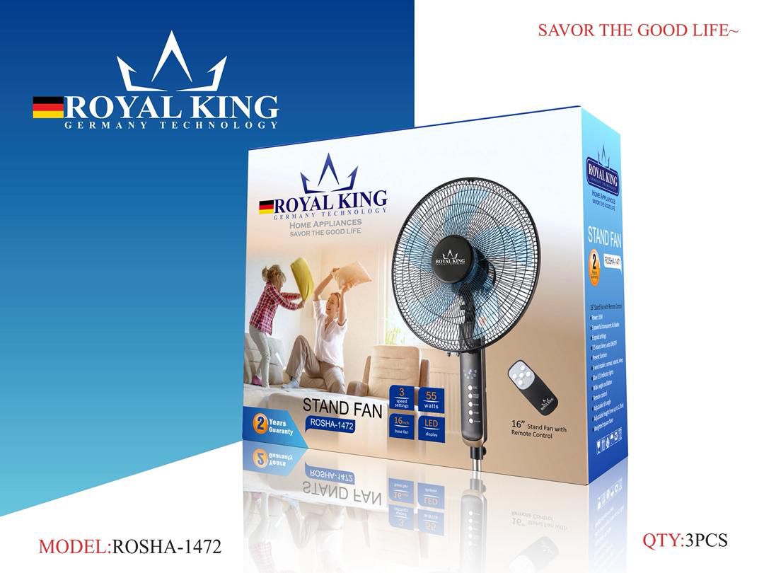 پنکه ایستاده رویال کینگ مدل 1472 (ROSHA) با ریموت، 55 وات، 5 پره و 3 سرعت | LED